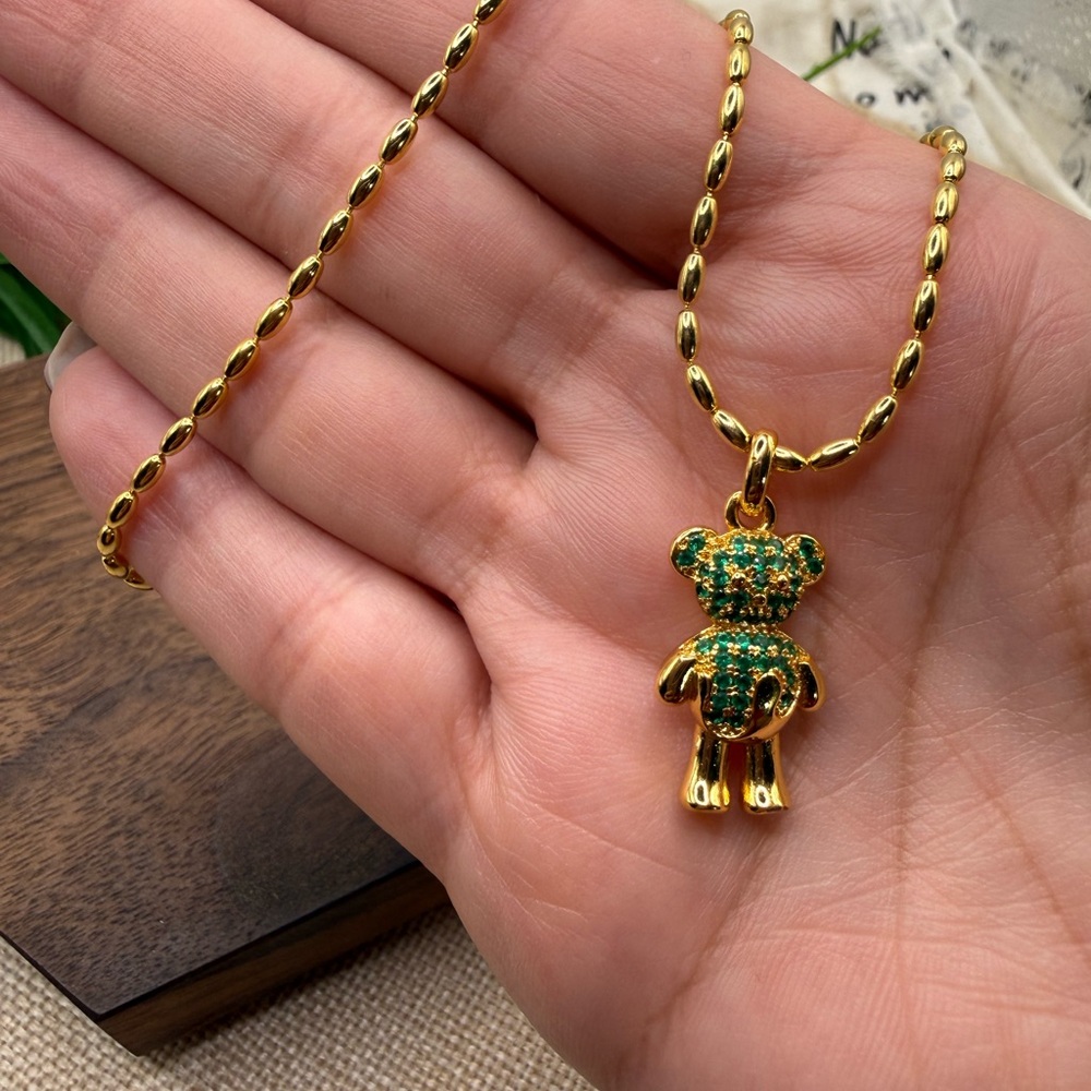 Gold and Green Bear Pendant Necklace fine steel 316L